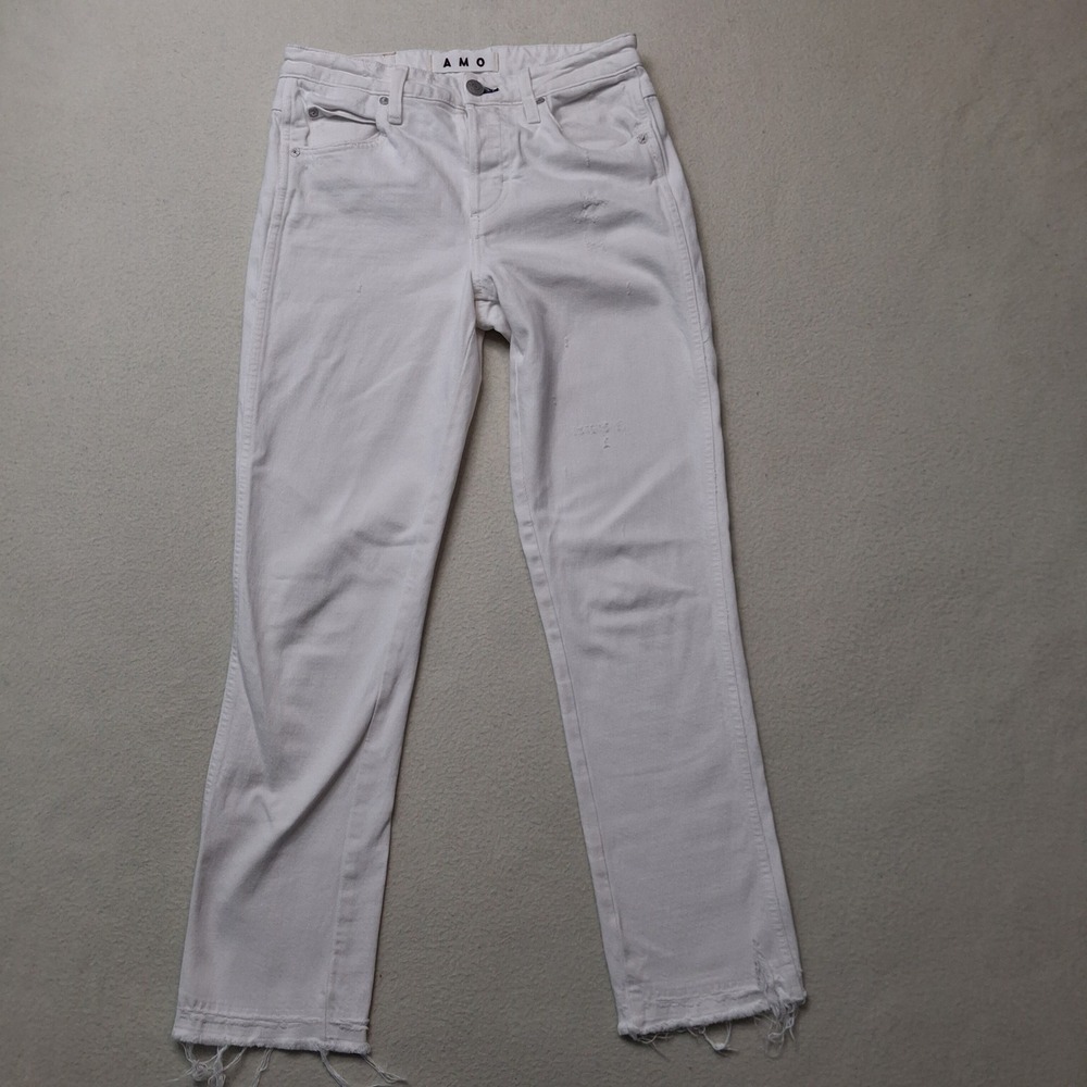 AMO Babe Sea Salt White Distressed Straight Leg Jeans Size 27 Button Fly Frayed‎